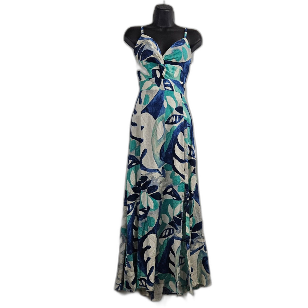New 1st State Linen Blend Maxi Sundress Tie Back Size XS Tropical Print Hawaii
